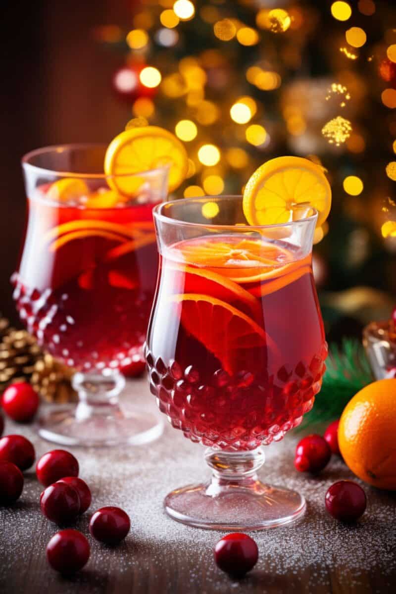 Two glasses of Christmas Punch, richly colored and garnished with fresh cranberries and orange slices, capturing the festive spirit of the holidays.