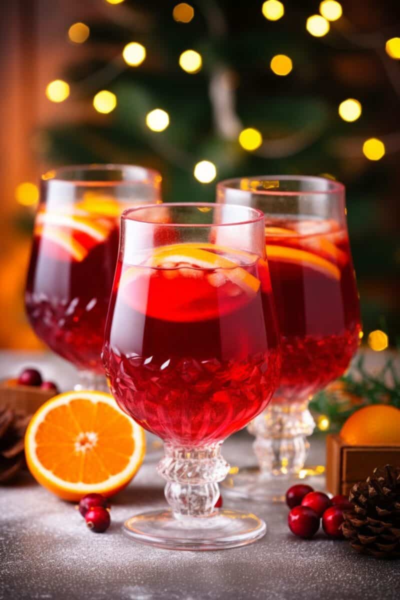 Three elegant glasses filled with Christmas Punch, showcasing a deep red hue and topped with orange slices and floating cranberries, embodying a festive holiday vibe.