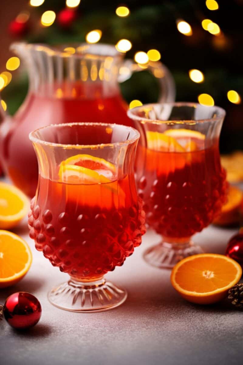 Two glasses brimming with Christmas Punch, featuring a vivid red cocktail adorned with slices of orange and cranberries, positioned next to a pitcher filled with the same celebratory beverage.