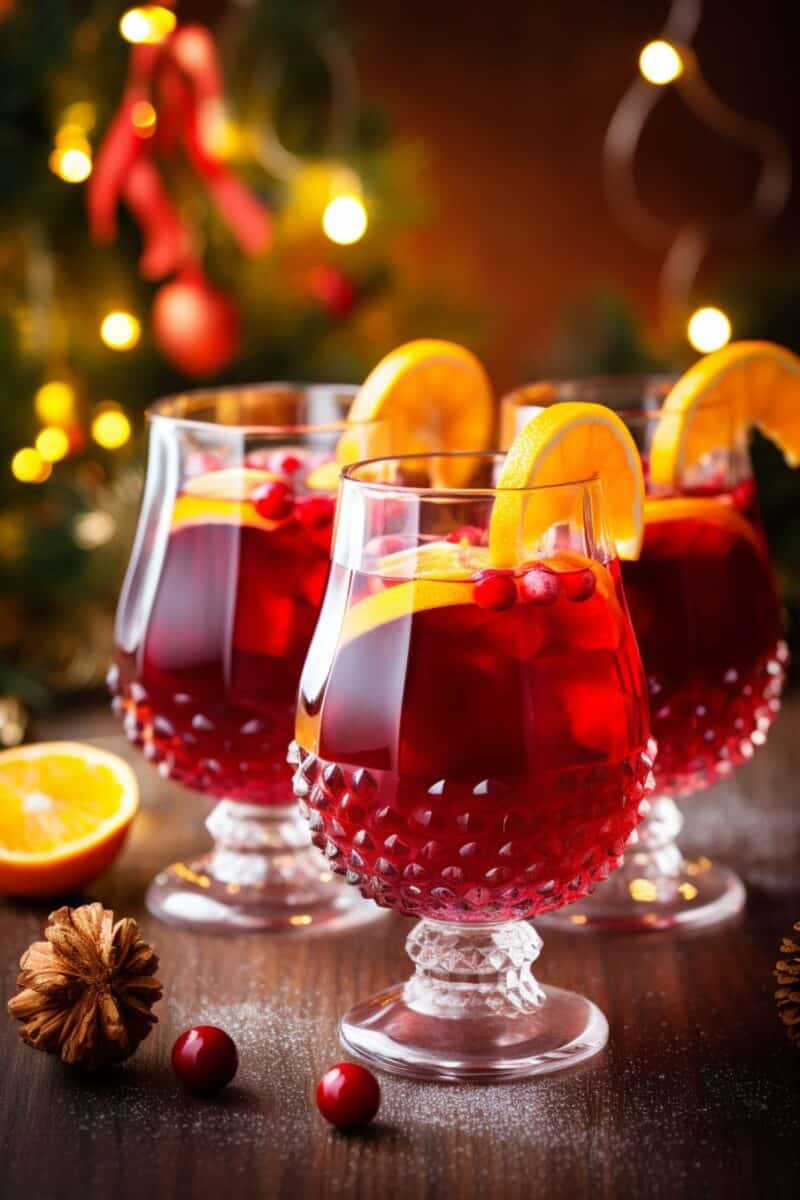 Two glasses of Christmas Punch, richly colored and garnished with fresh cranberries and orange slices, capturing the festive spirit of the holidays.