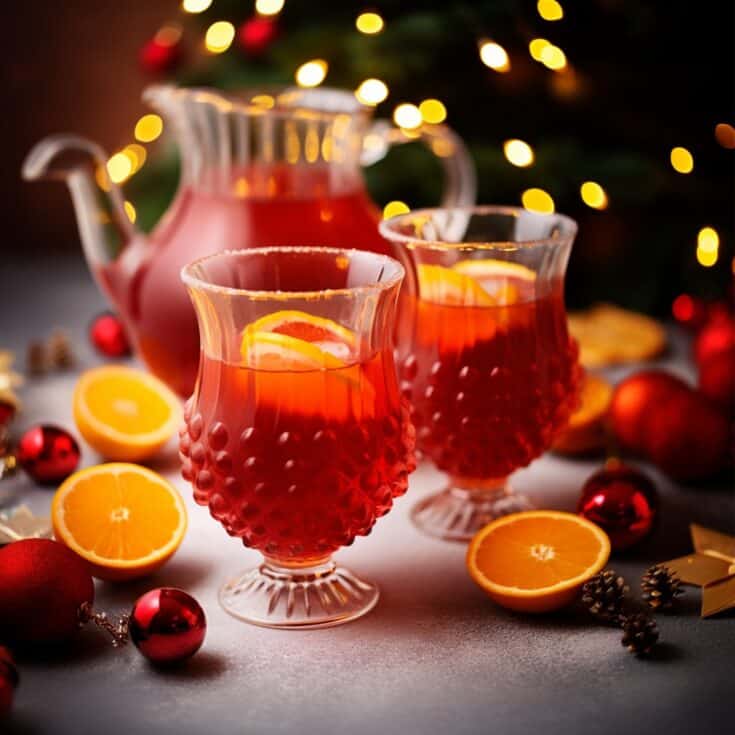 Two glasses of Christmas Punch filled with a vibrant red cocktail, garnished with orange slices and cranberries, beside a pitcher full of the same festive drink.