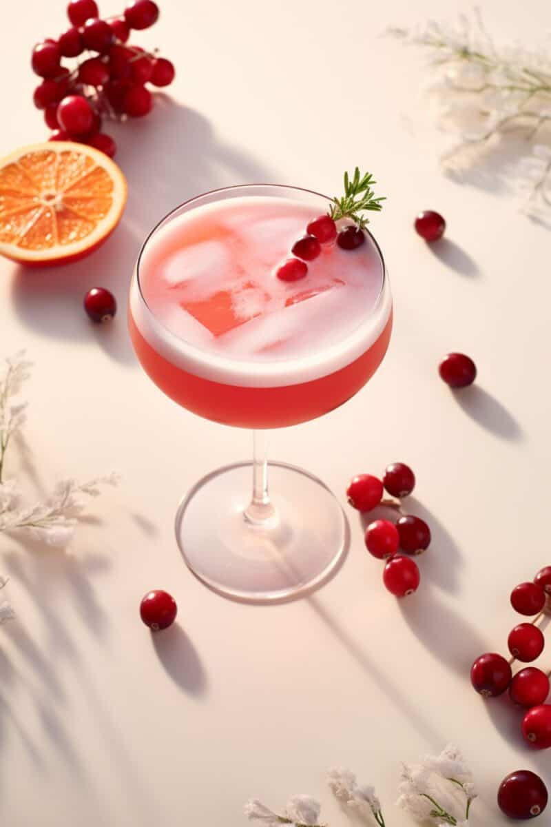 A refreshing Cranberry Bellini cocktail, ready to be enjoyed, with a perfect balance of tart cranberry and sweet syrup, garnished with cranberries.