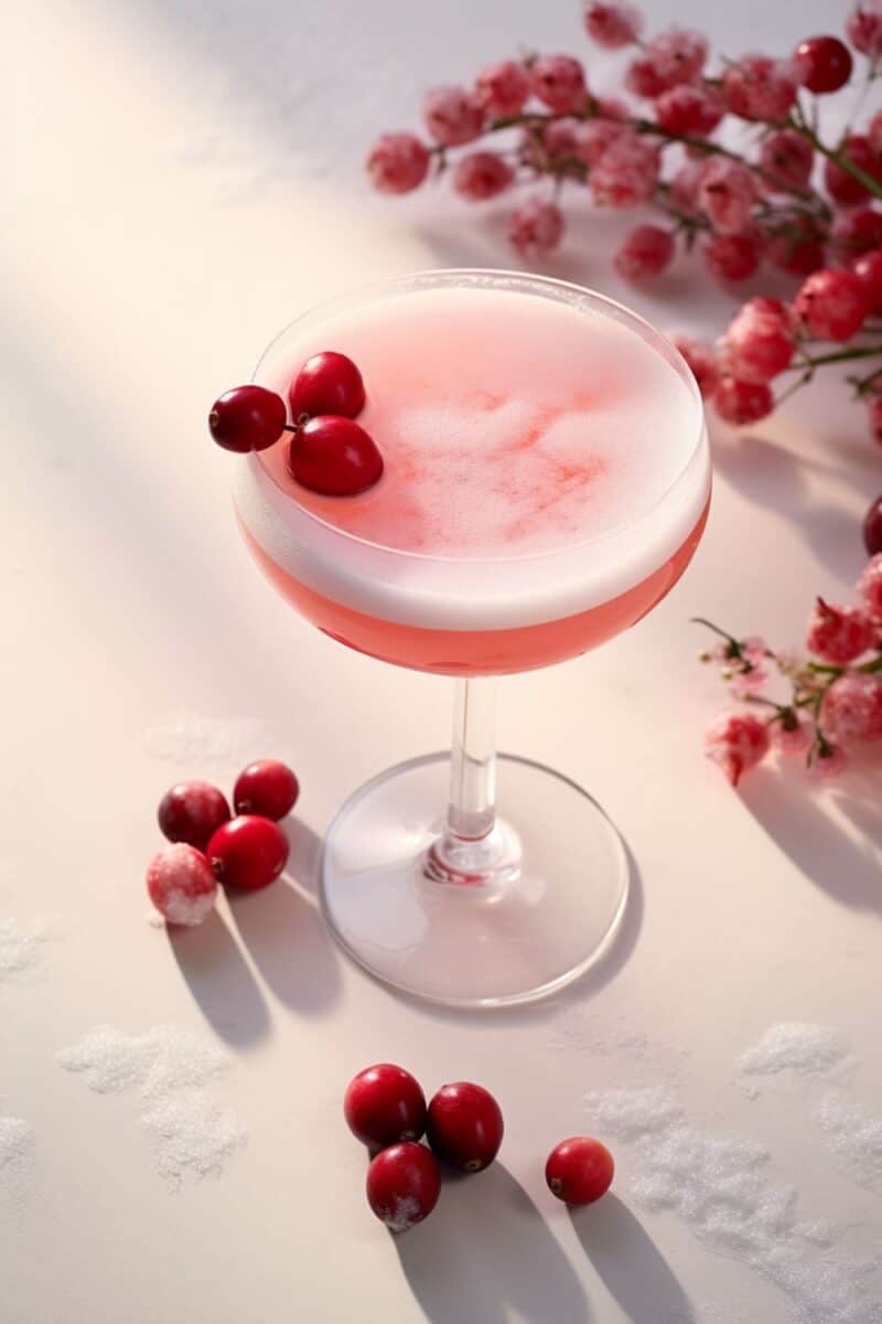 Overhead view of a refreshing Cranberry Bellini cocktail, ready to be enjoyed, with a perfect balance of tart cranberry and sweet syrup, garnished with cranberries.