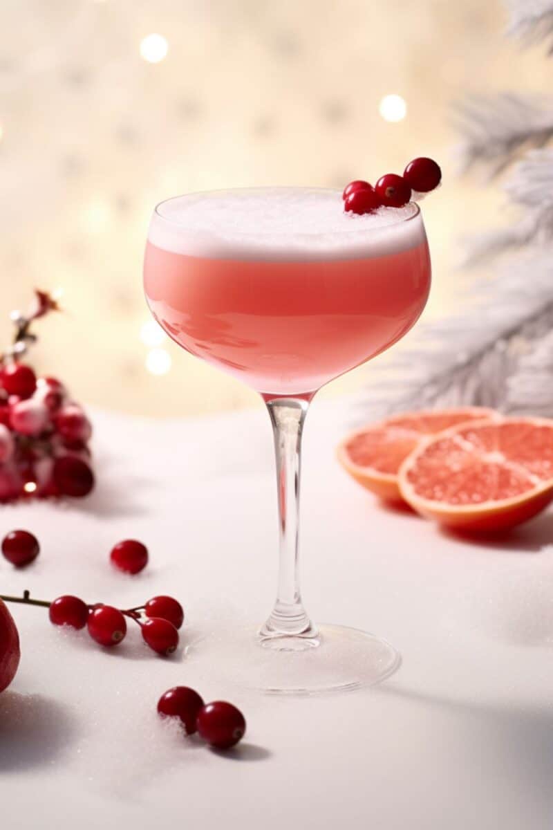 A refreshing Cranberry Bellini cocktail, ready to be enjoyed, with a perfect balance of tart cranberry and sweet syrup, garnished with cranberries.