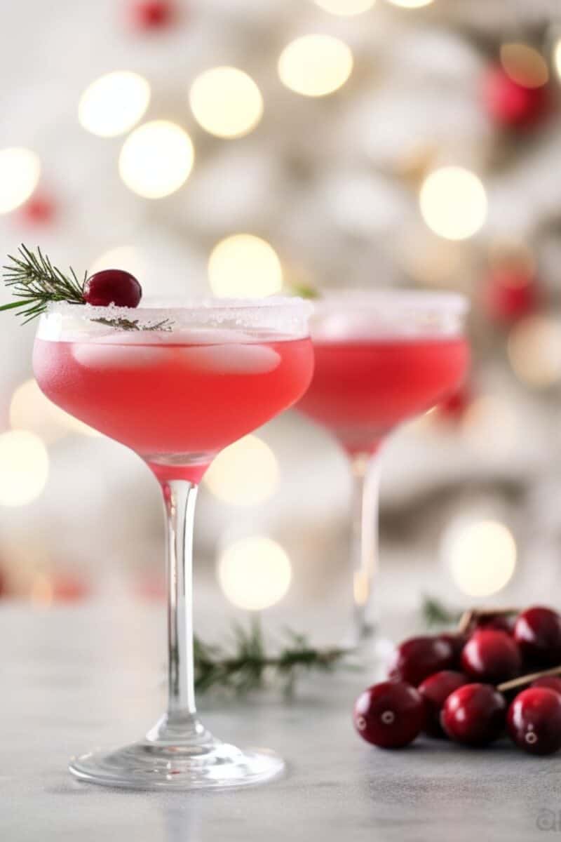 Elegant arrangement of Cranberry Bellinis, perfect for holiday entertaining, with each glass adorned with a cranberries.