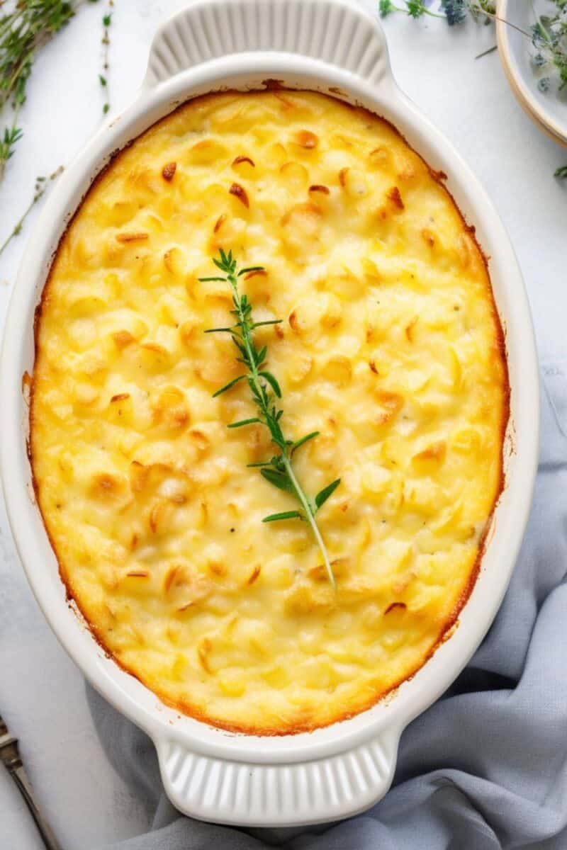 A golden-brown Cheesy Corn Gratin Bake fresh out of the oven, with a bubbly cheese crust and creamy corn filling.
