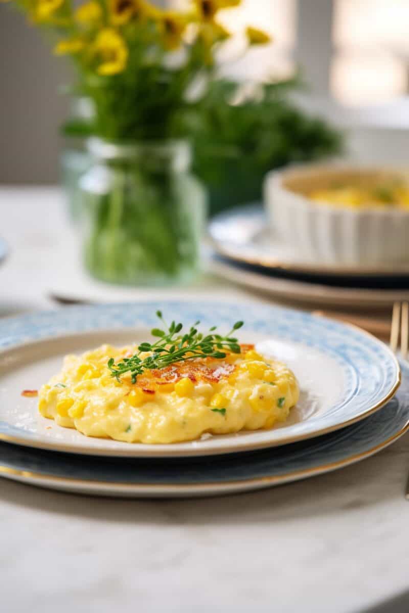 A generous serving of Creamed Corn Au Gratin on a white plate, showcasing the creamy corn beneath a golden cheese crust.
