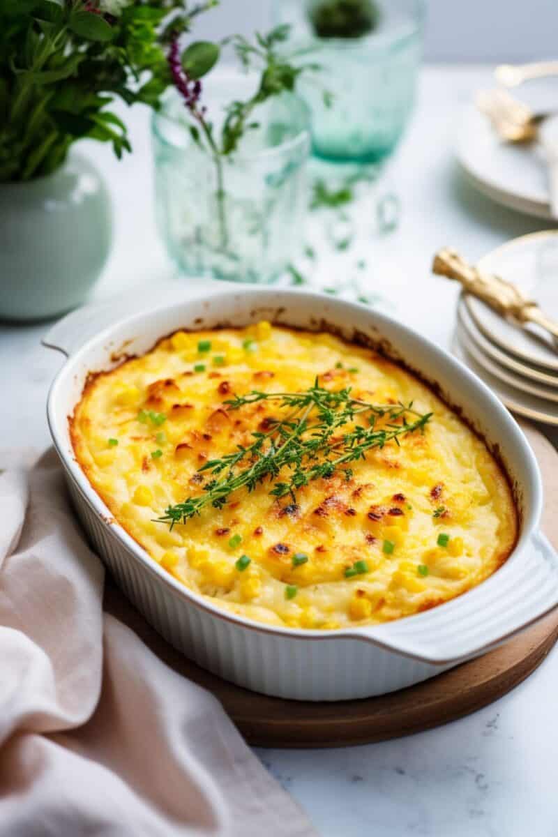 Oven-baked Cheesy Corn Gratin with a perfectly crisp cheese topping, ready to be served as a warm, comforting side dish.