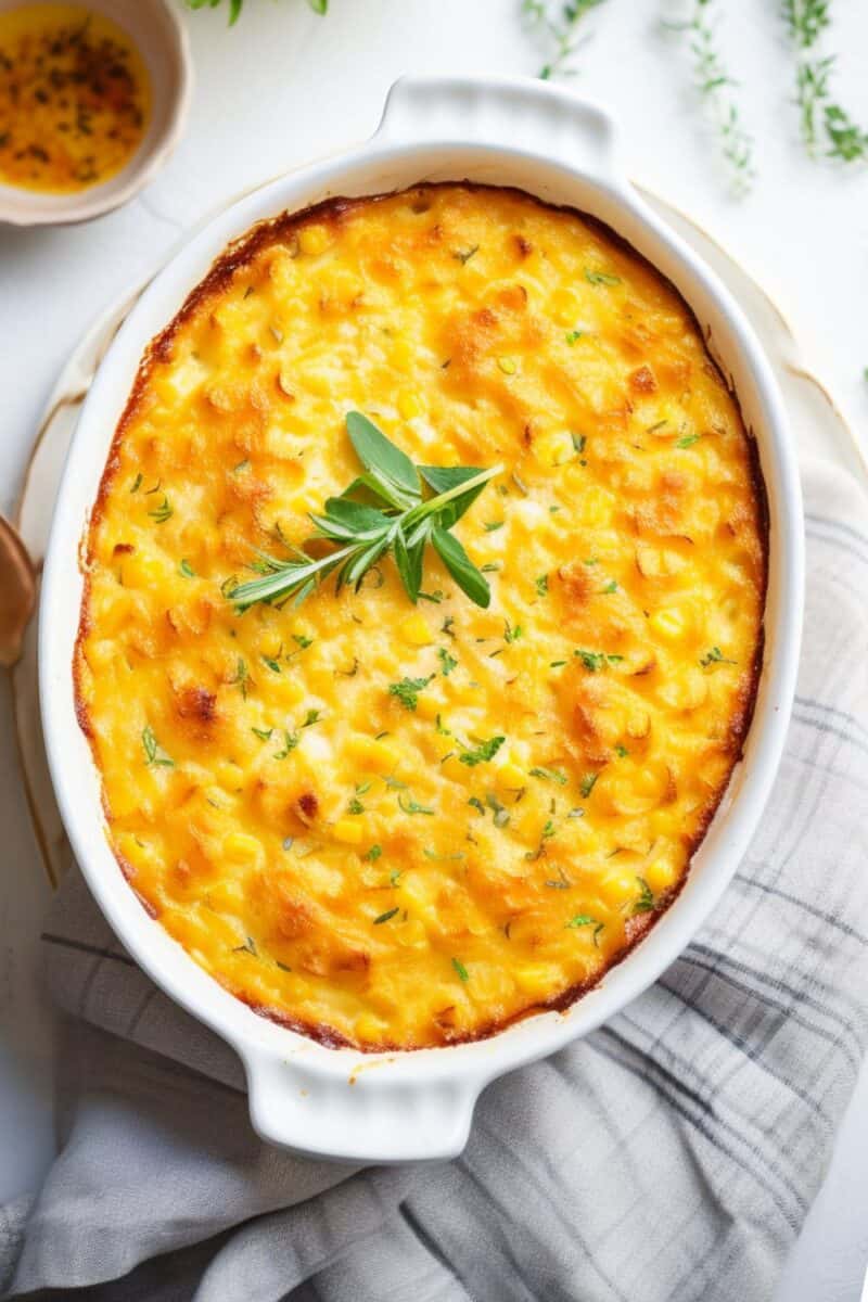 Bubbly Creamed Corn Au Gratin fresh out of the oven with a perfectly toasted cheese topping.