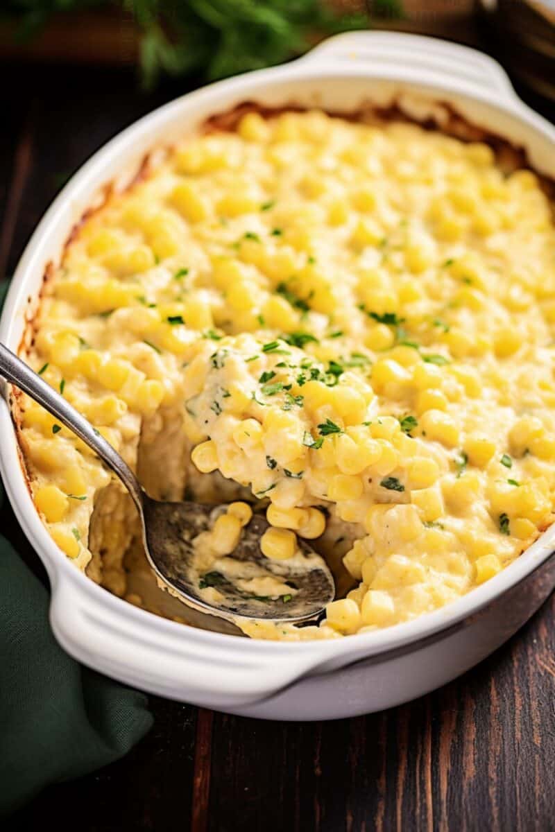 A serving spoon lifting a portion of Creamed Corn Au Gratin, showing the rich, velvety texture.