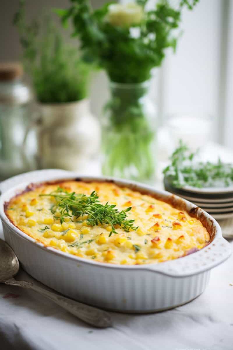 A close-up of a Cheesy Corn Gratin Bake showcasing the melted cheese topping and the tender corn kernels layered underneath.