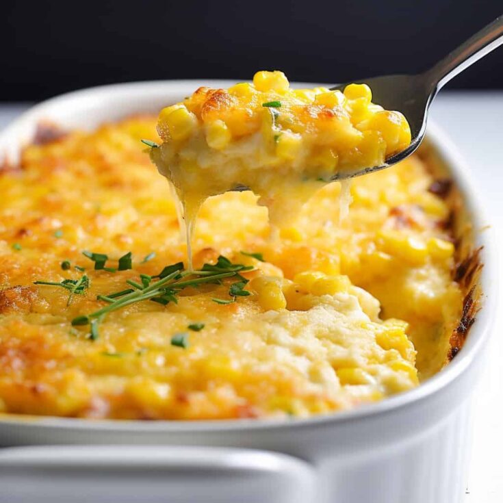 A golden-brown Creamed Corn Au Gratin in a baking dish, showing creamy corn kernels topped with melted parmesan cheese.