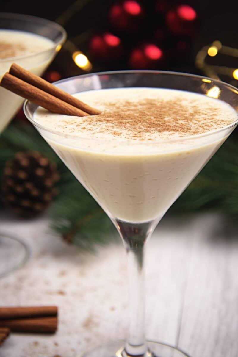 A Creamy Eggnog Martini garnished with a cinnamon stick and a sprinkle of nutmeg, set against a festive backdrop of holiday decorations.