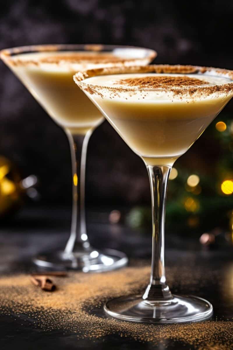 Festive Creamy Eggnog Martini, beautifully presented with a golden hue, a cinnamon stick garnish, and a dusting of nutmeg, ready for a holiday toast.