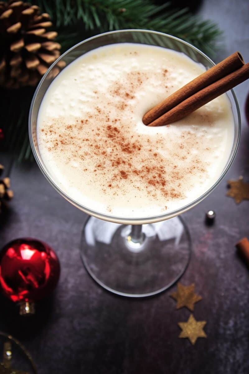 Top view of a Creamy Eggnog Martini in a chilled glass, garnished with a sprinkle of nutmeg and a cinnamon stick, set on a festive table setting.
