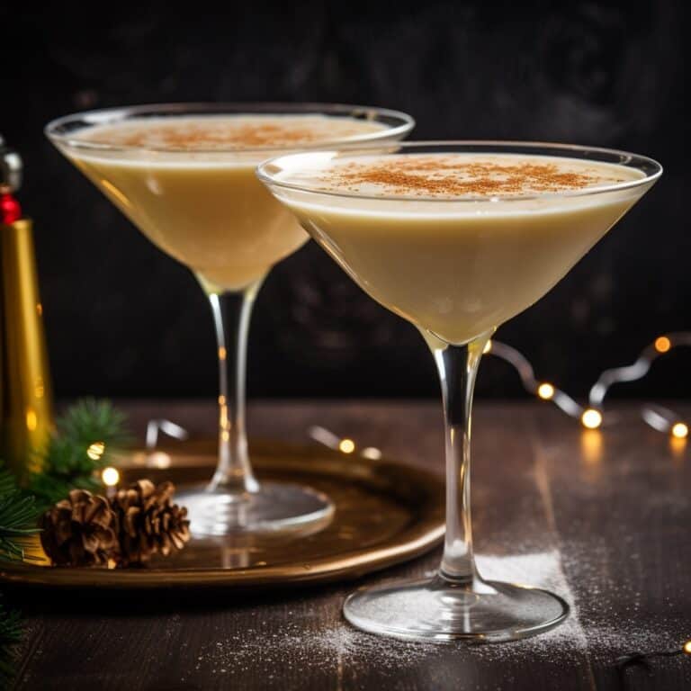 A Creamy Eggnog Martini garnished with ground cinnamon and a sprinkle of nutmeg, set against a festive backdrop of holiday decorations.