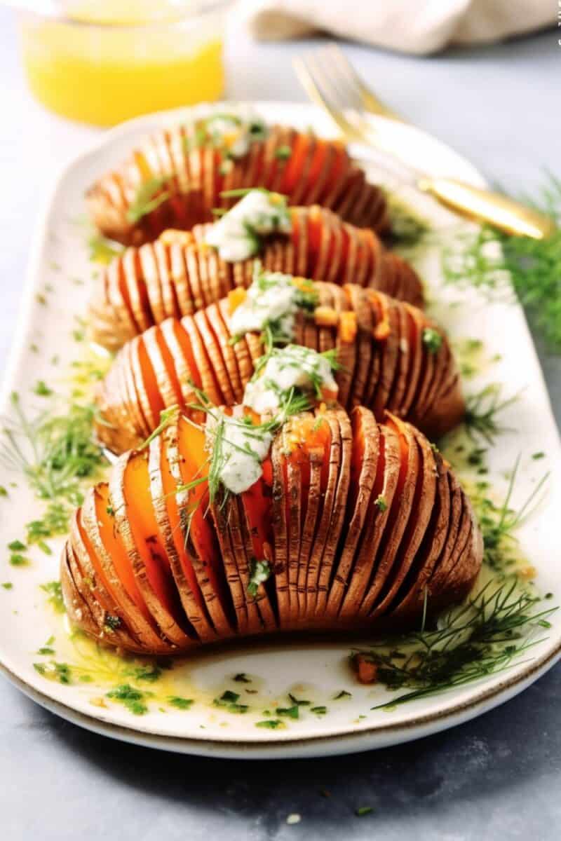 Golden-brown Hasselback Sweet Potatoes on a plate, with crispy edges and a soft interior, seasoned with herbs and a hint of maple syrup.