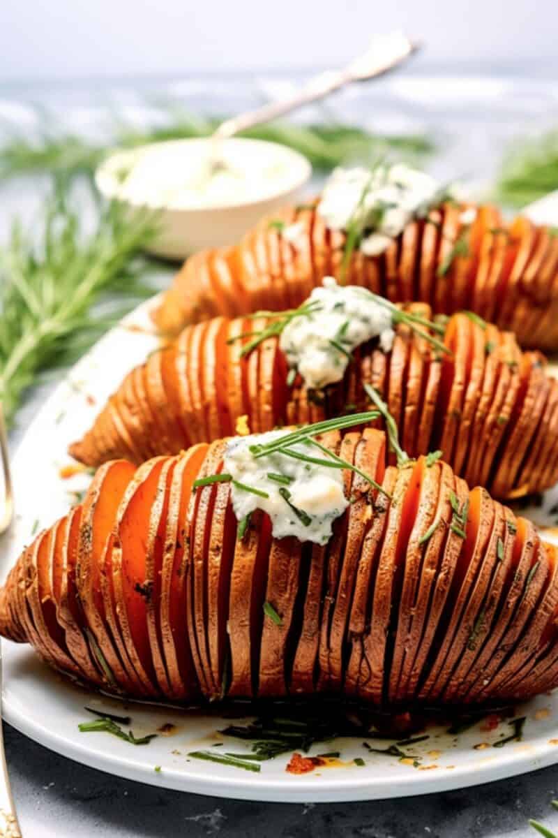 Hasselback Sweet Potatoes garnished with fresh rosemary and thyme, showcasing their elegant presentation and savory-sweet flavor.