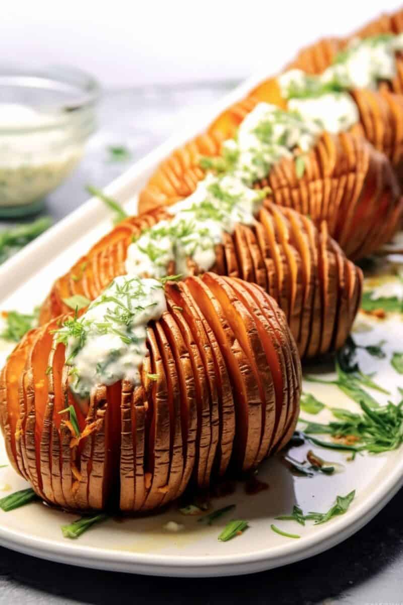 Golden-brown Hasselback Sweet Potatoes on a plate, with crispy edges and a soft interior, seasoned with herbs and a hint of maple syrup.