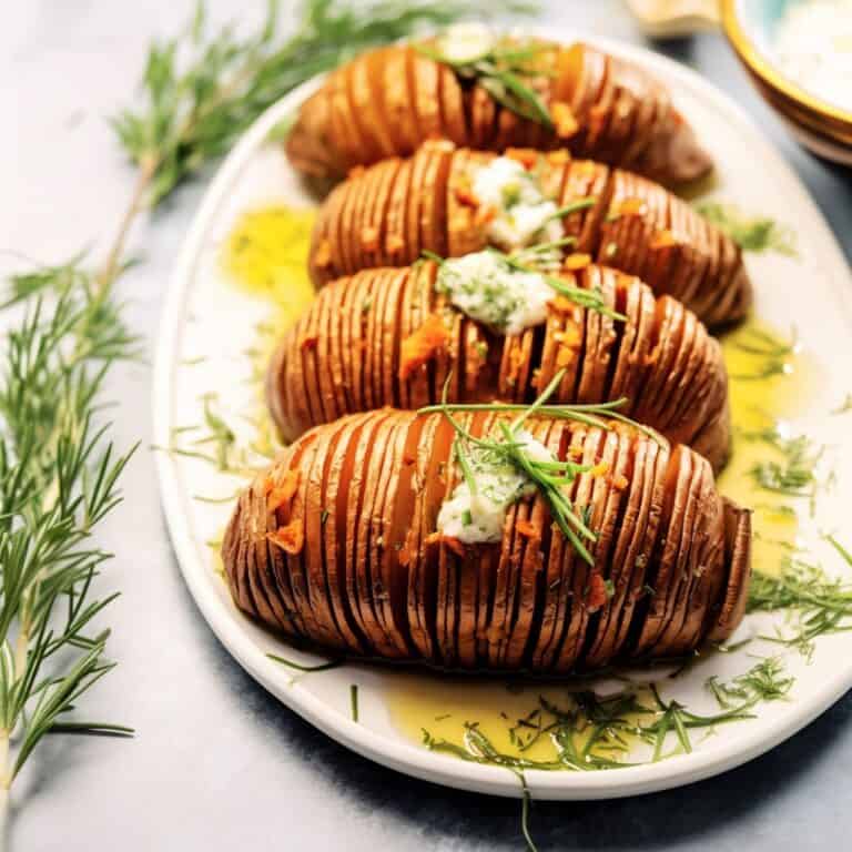 image showcasing a beautifully arranged platter of Hasselback Sweet Potatoes, each perfectly roasted to reveal crispy edges and a tender, golden interior, garnished with fresh herbs.