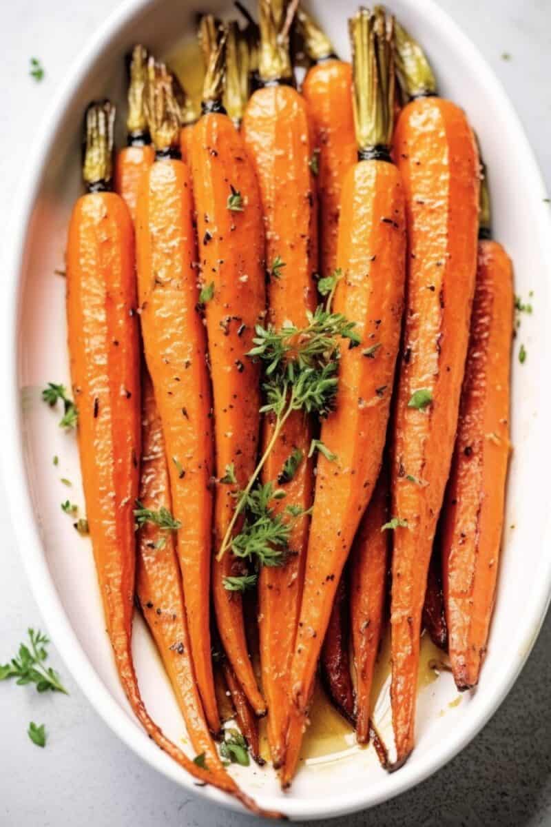 Honey roasted carrots glistening with a honey glaze, garnished with chopped parsley on a white plate.