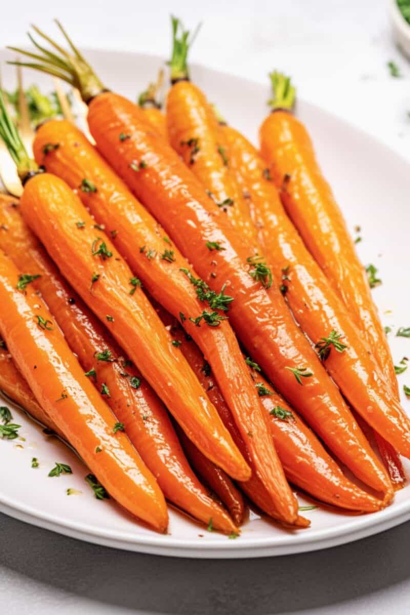 Honey roasted carrots glistening with a honey glaze, garnished with chopped parsley on a white plate.