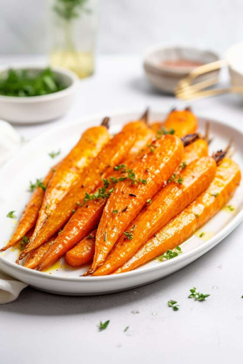 Honey roasted carrots glistening with a honey glaze and a sprinkling of parsley on a ceramic plate.
