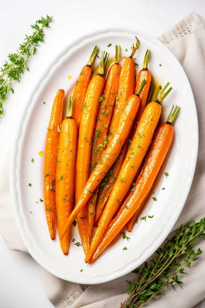 Close-up of honey roasted carrots topped with a light sprinkle of sea salt and a sprig of fresh thyme.