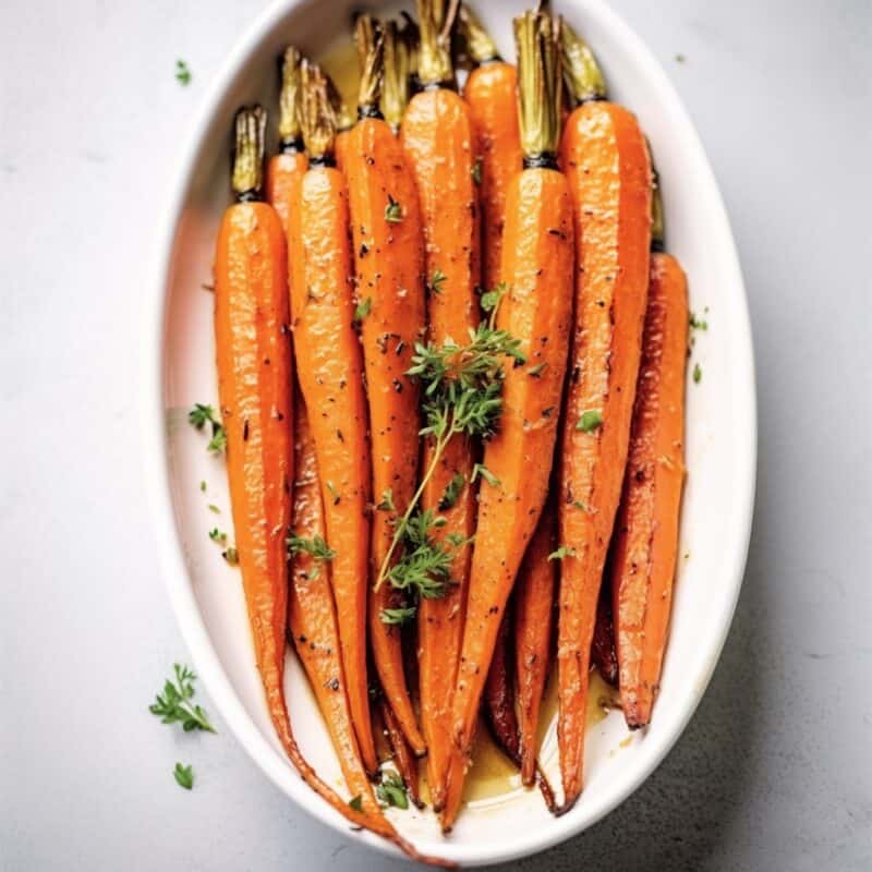 Flat lay view of Honey roasted carrots arranged on a platter for a family dinner, with a light drizzle of honey and cracked black pepper over the top.