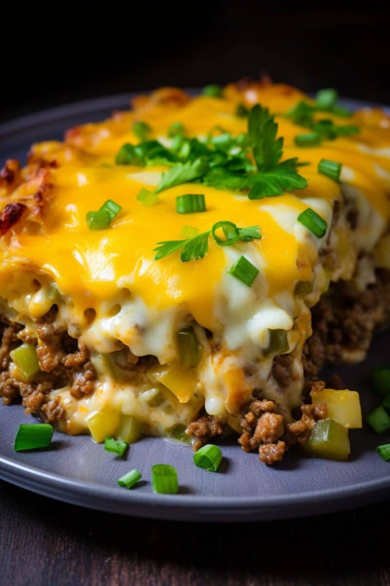 Serving of Keto Hamburger Casserole with a cheesy topping.