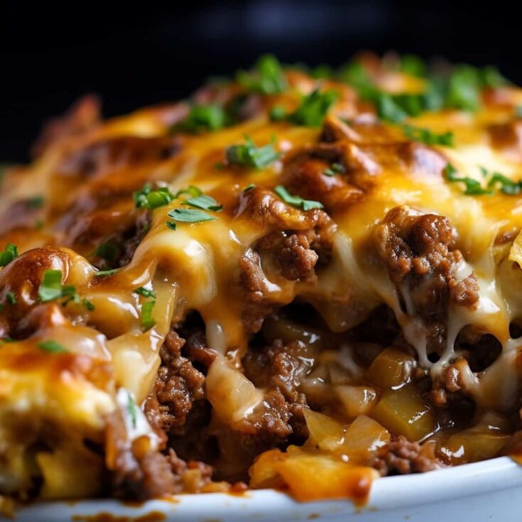 Mouthwatering Keto Hamburger Casserole with melted cheddar cheese.