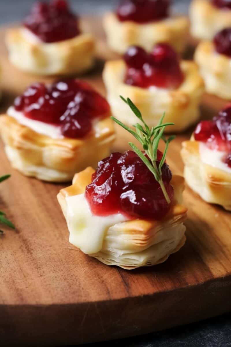 Homemade Puff Pastry Bites filled with rich Brie cheese and cranberry sauce, presented on a decorative plate with holiday decor in the background.