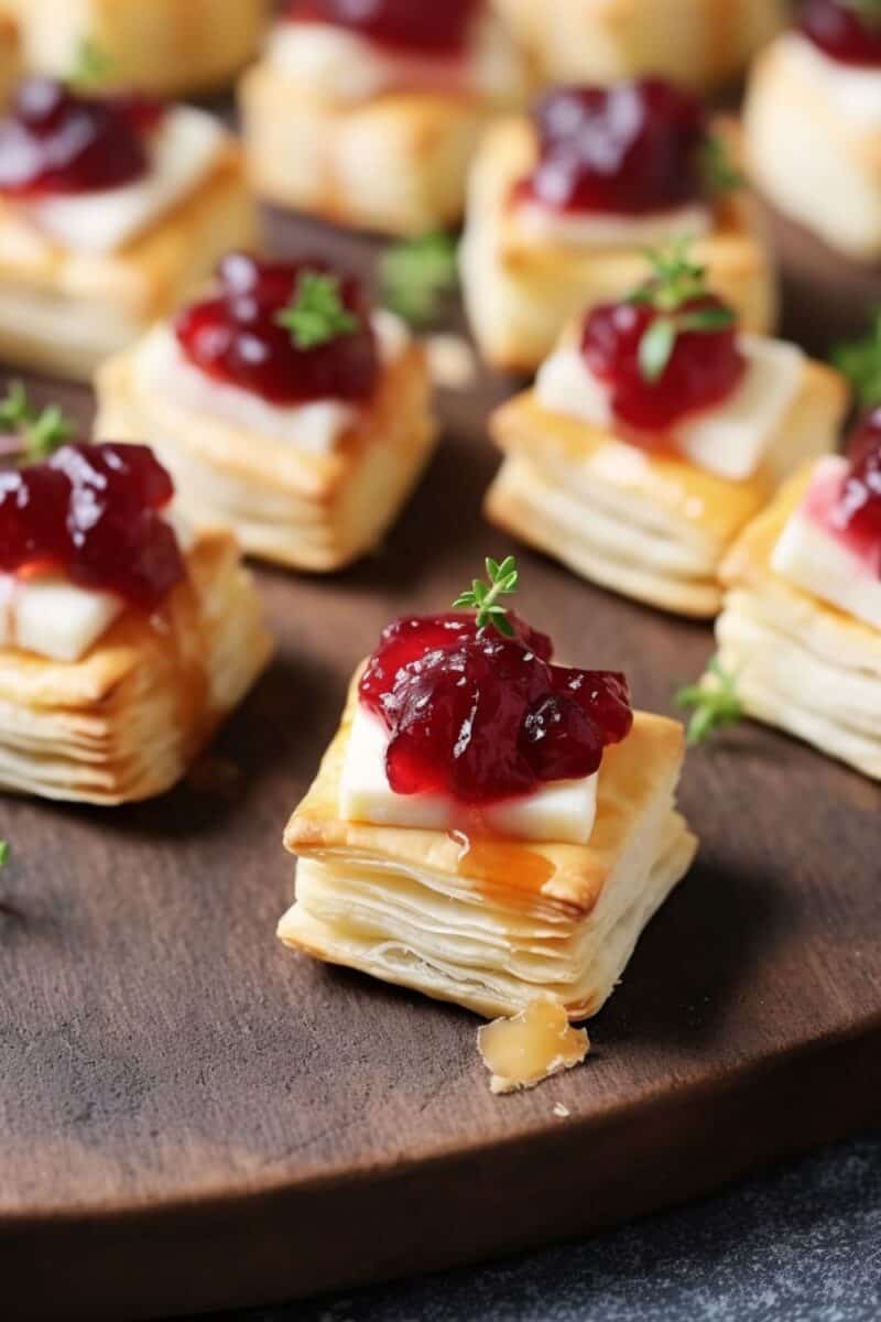 Elegant Puff Pastry Cranberry Brie Bites with a glossy cranberry topping and a sprig of thyme, arranged on a festive platter.