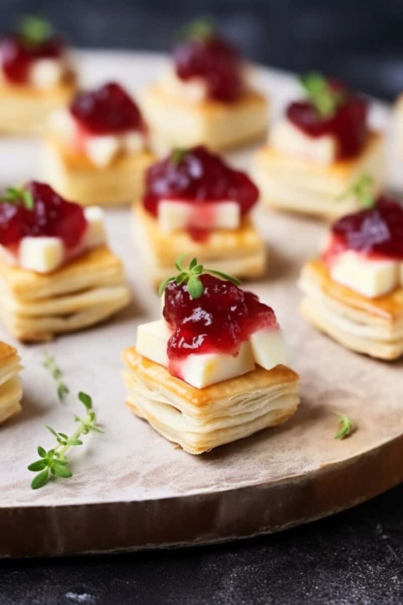 Delicious bite-sized Puff Pastry Cranberry Brie Bites, perfect for appetizers, with a vibrant contrast of cheese and cranberry.
