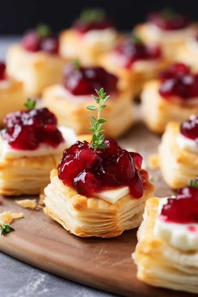 Crispy puff pastry squares topped with creamy Brie and cranberry sauce, garnished with thyme, on an elegant serving tray