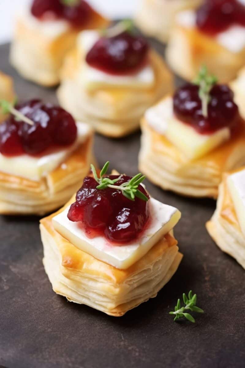 Bite-sized Puff Pastry Cranberry Brie Bites, freshly baked and garnished with thyme, displayed elegantly for a party appetizer.