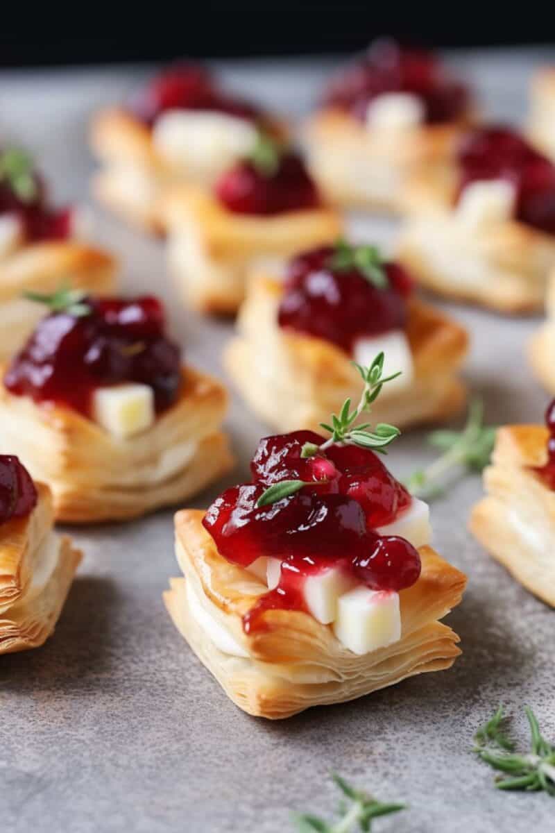 Crisp, golden puff pastry squares topped with creamy Brie and a dollop of cranberry sauce, garnished with thyme leaves.