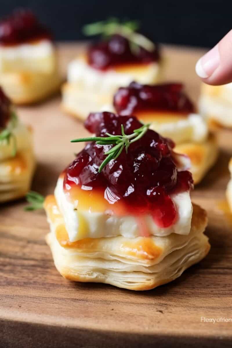 Close-up of bite-sized Puff Pastry Cranberry Brie Bites, showcasing the layers of flaky pastry, melted cheese, and vibrant cranberry.