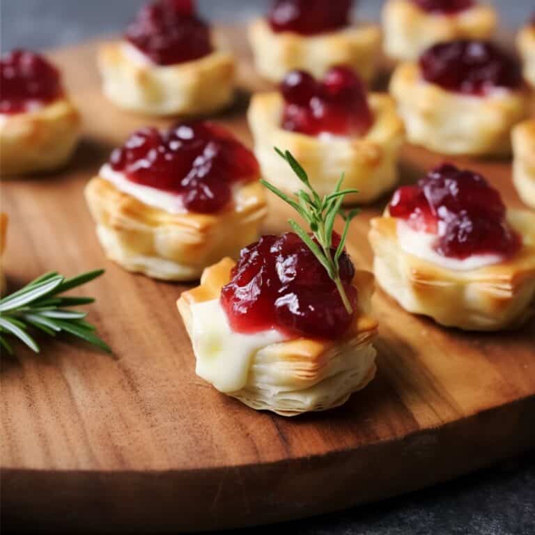 Golden puff pastry bites filled with melted Brie cheese and topped with cranberry sauce and fresh thyme, served on a white plate.