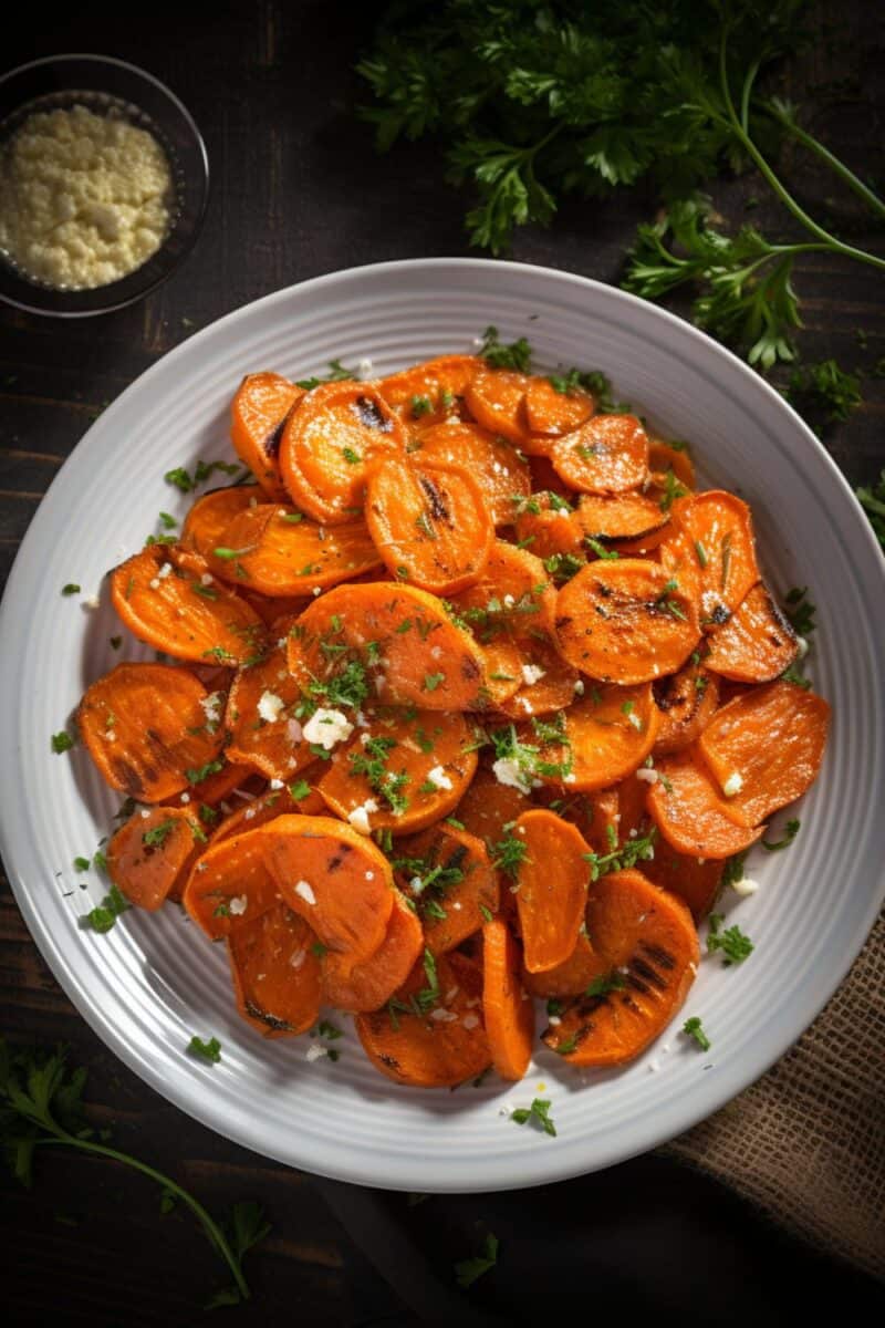 Ranch Roasted Carrots arranged as a colorful side dish for a summer BBQ, garnished with fresh parsley.