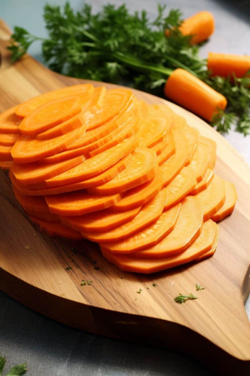 Sliced carrots on a cutting board.