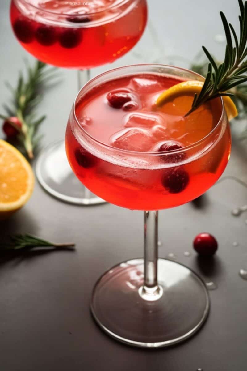 Close-up of Santa's Spritz, a festive red cocktail with cranberry and ginger notes, topped with fizzing prosecco and a fresh rosemary garnish, ready for holiday toasting.