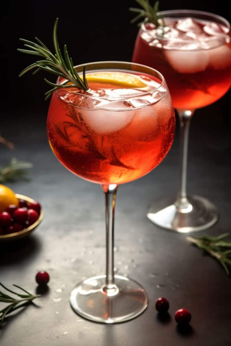 Elegant serving of Santa's Spritz Christmas Cocktail on a holiday-decorated table, with ginger gin, prosecco, and cranberry juice creating a perfect holiday drink.