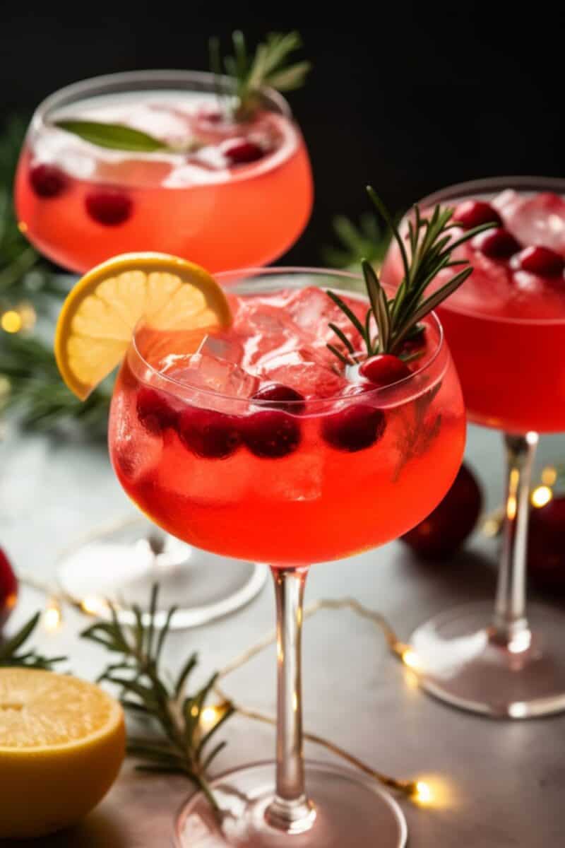 sparkling glass of Santa's Spritz Christmas Cocktails, with rich red cranberry juice, bubbly prosecco, and a hint of ginger gin, garnished with a sprig of rosemary.