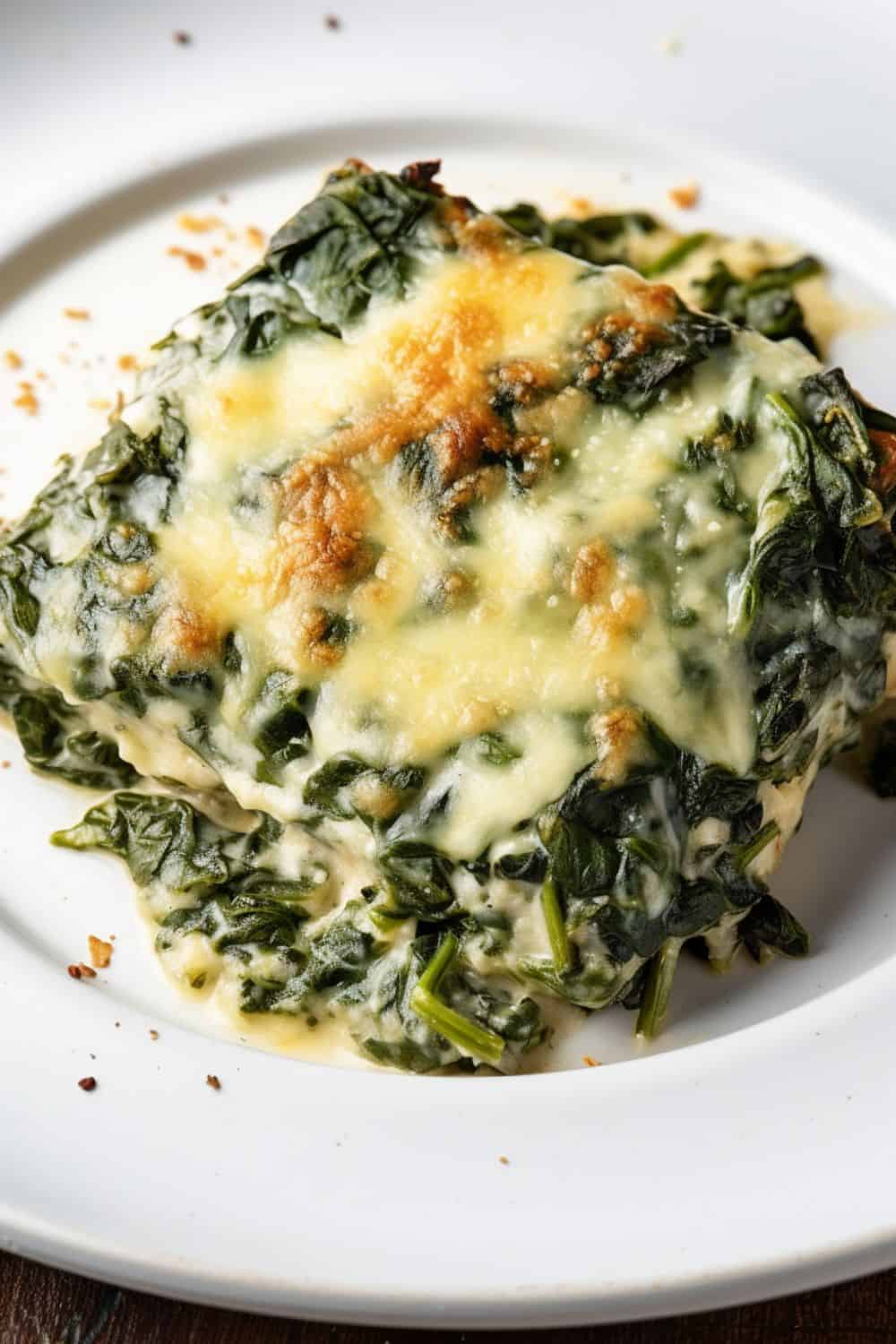 Individual serving of Spinach Gratin on a plate, garnished with a sprinkle of parsley, ready to be served at a family gathering.