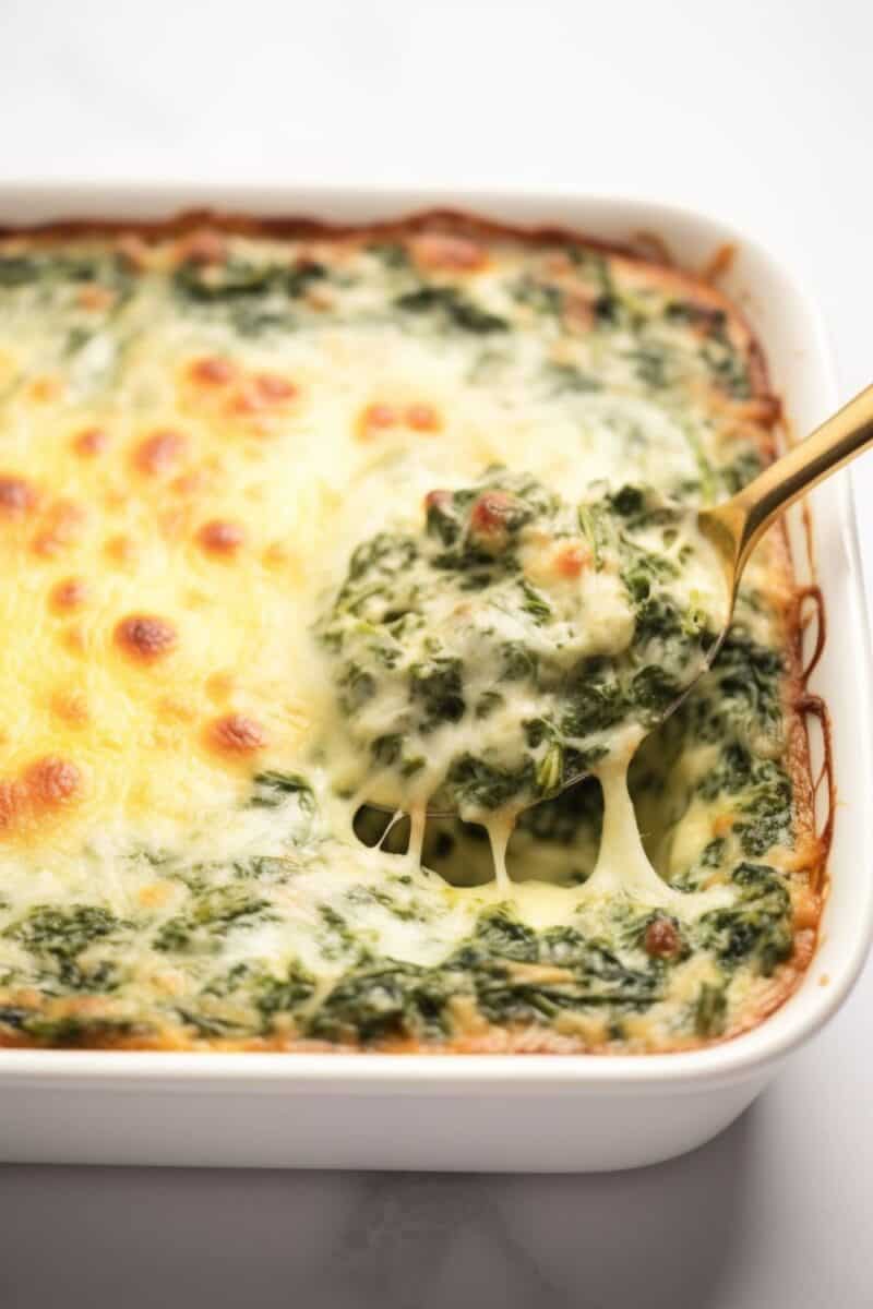 Close-up of a serving spoon scooping out a portion of Spinach Gratin, revealing layers of creamy spinach and melted cheese.