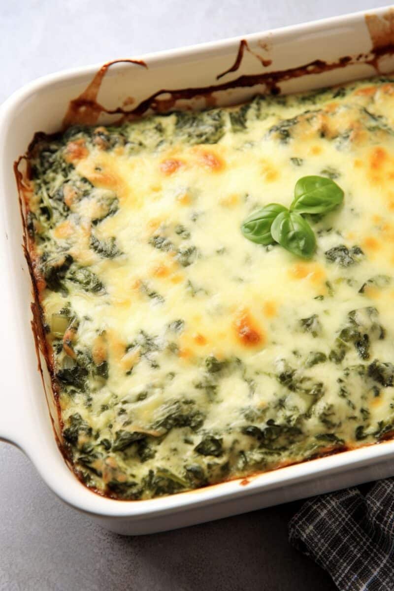 closeup of A golden-brown Spinach Gratin fresh out of the oven, showcasing a crispy cheese topping and creamy spinach filling in a ceramic baking dish.
