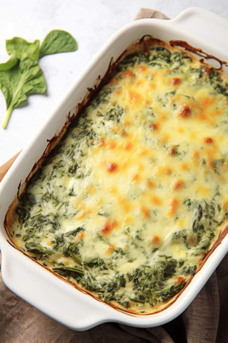 Top view of A golden-brown Spinach Gratin fresh out of the oven, showcasing a crispy cheese topping and creamy spinach filling in a ceramic baking dish.