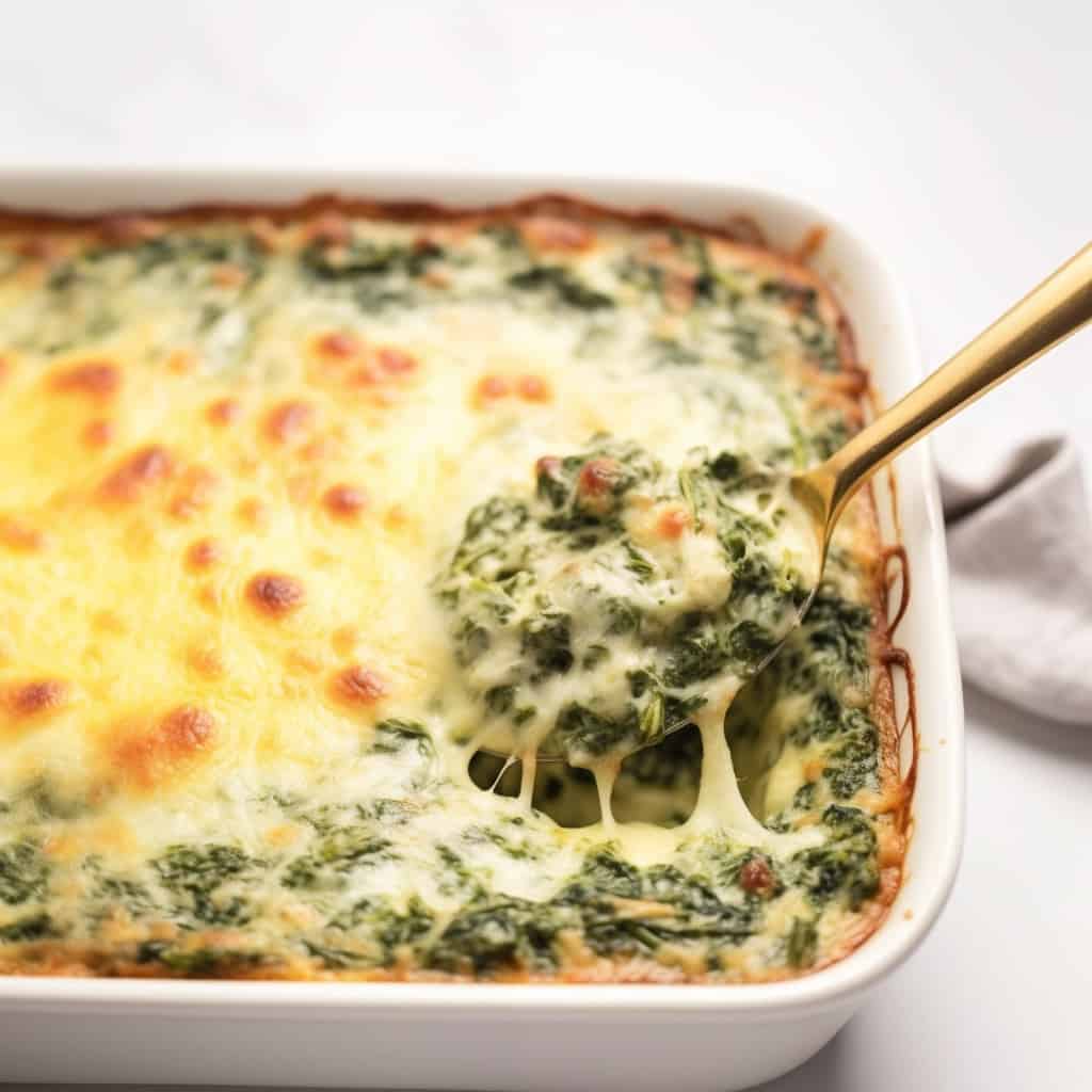A golden-brown Spinach Gratin in a rectangular baking dish, with a crispy cheese crust visible on top and creamy spinach layers underneath.