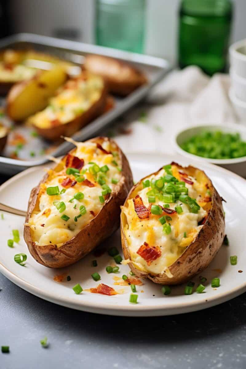 An overhead shot of a dish of Twice Baked Loaded Potatoes, each one perfectly browned and stuffed with a creamy, cheesy filling, accompanied by a small bowl of sour cream and fresh chives for additional topping.